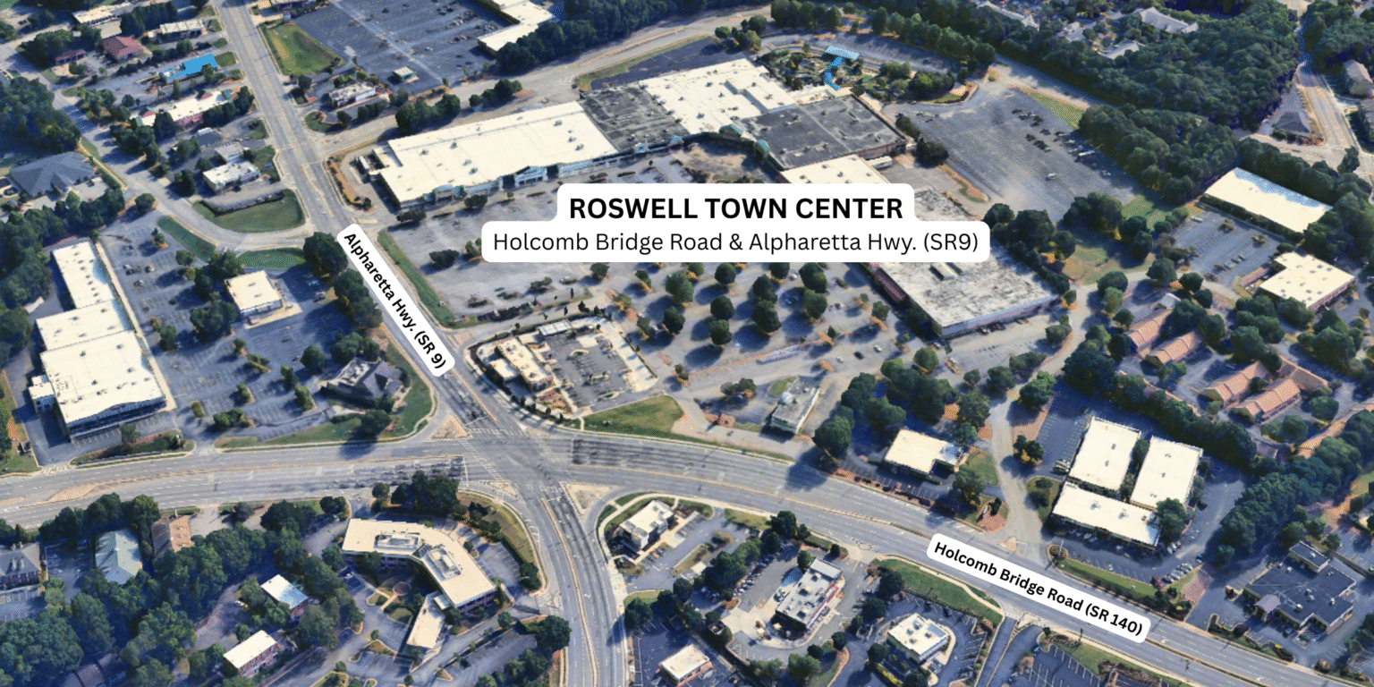 City Enters Agreement to Redevelop Roswell Town Center into a Vibrant Mixed-Use Destination An aerial shot of the map, showing the Roswell Town Center at the intersection of Holcomb Bridge Rd. and Alpharetta Hwy.