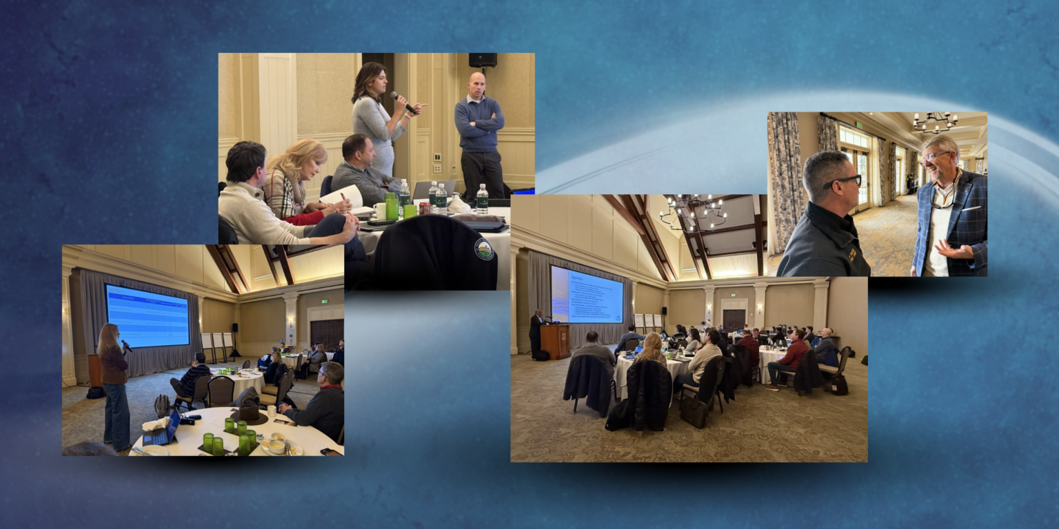 A collage of photos from the leadership retreat featuring staff members talking and presenting.